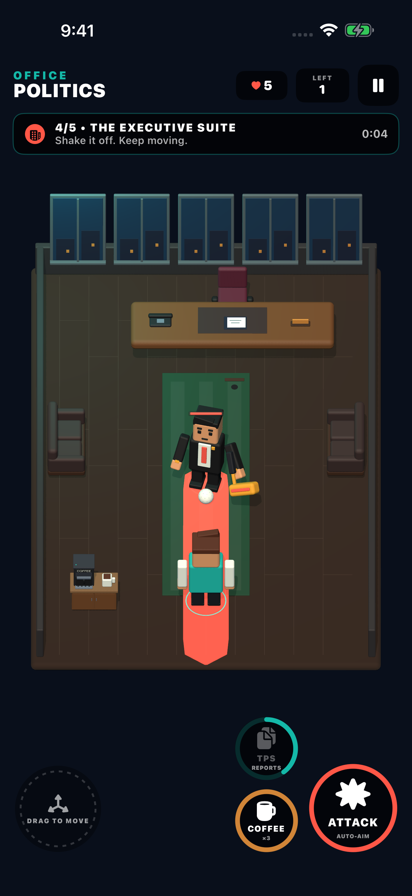 Office Politics on iPhone: facing the CEO’s golf drive in the Executive Suite, with a coffee station and Attack, Coffee, and TPS Reports controls.