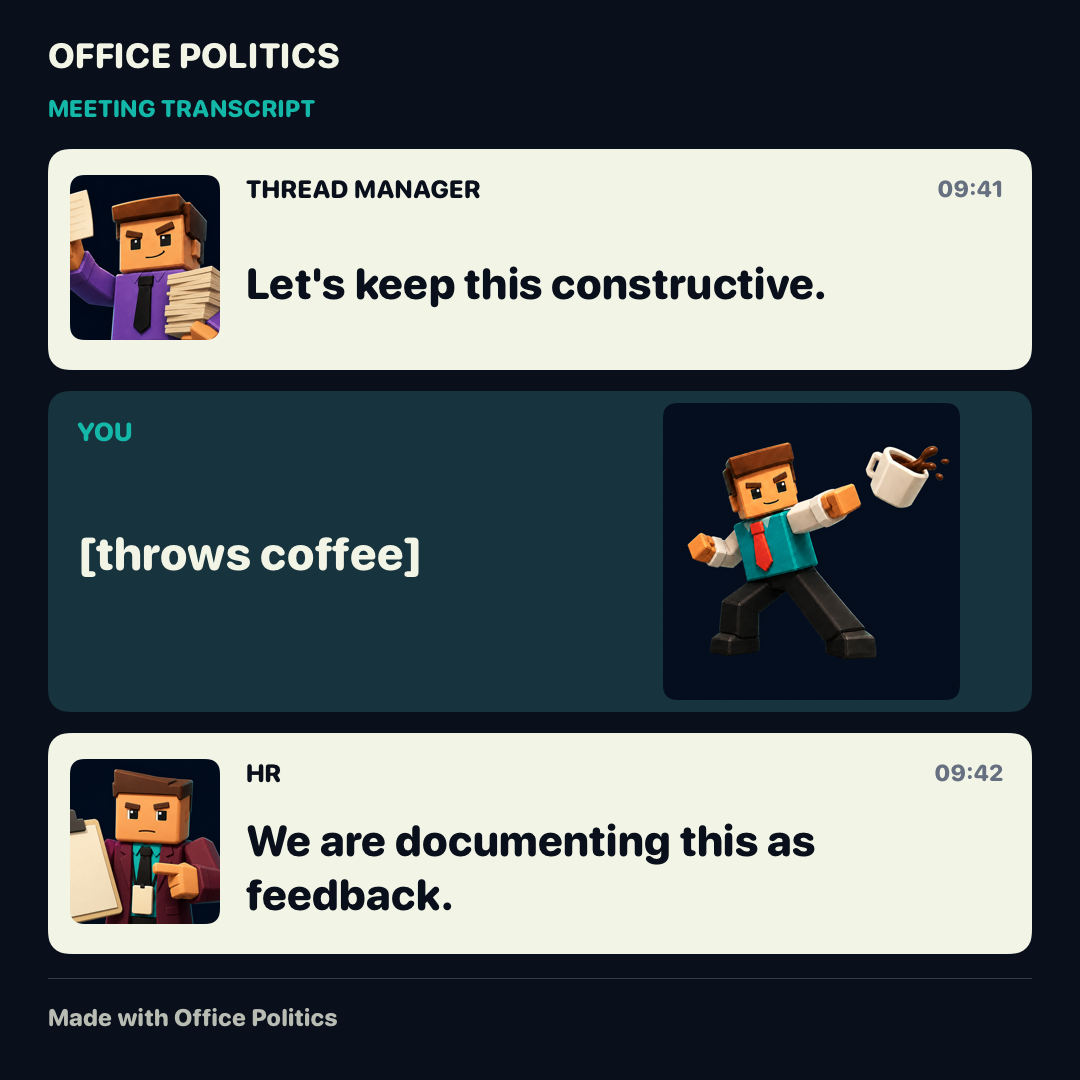 Meeting Transcript: the Thread Manager says, Let’s keep this constructive. You throw coffee. HR replies, We are documenting this as feedback.